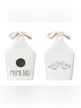 Rae Dunn White Ceramic Birdhouse Ornament with Pink Ribbon